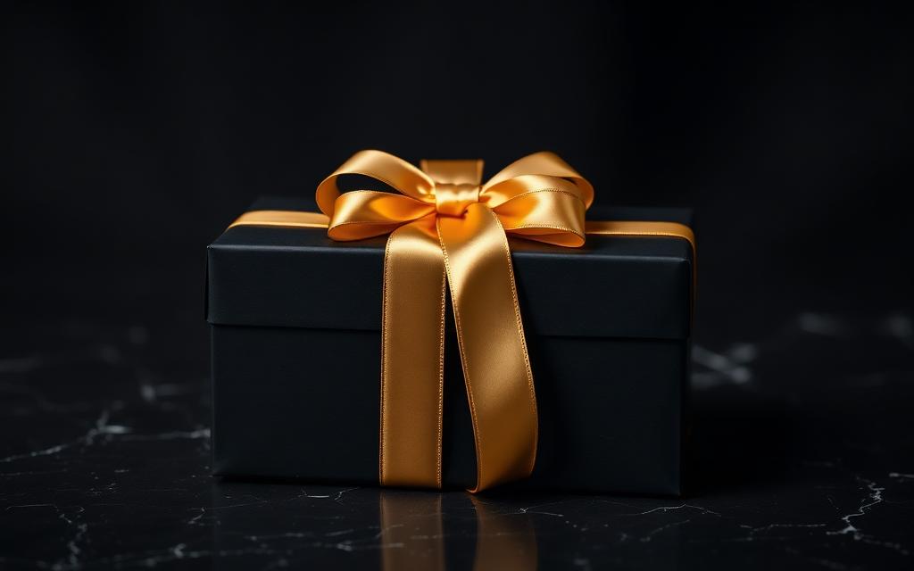 Luxury black gift box with gold ribbon