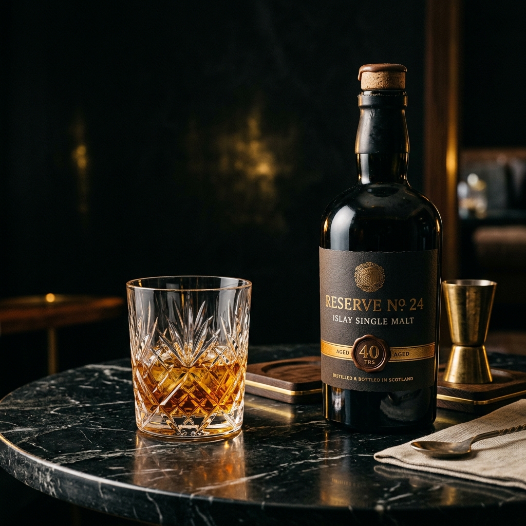 Crystal glass and rare spirits on black marble